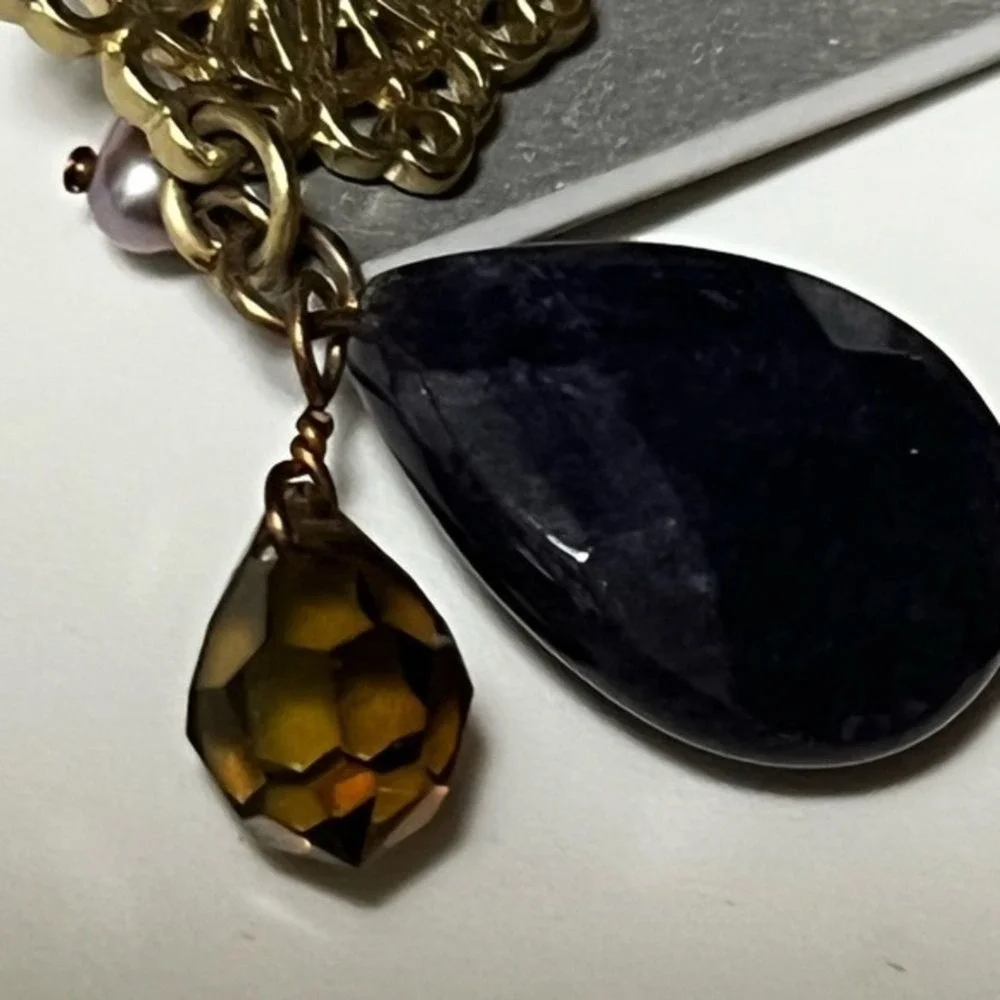 by HUGO Filigree Drop Earrings Purple‎ Faceted Stone Antique Gold Tone Boho 3